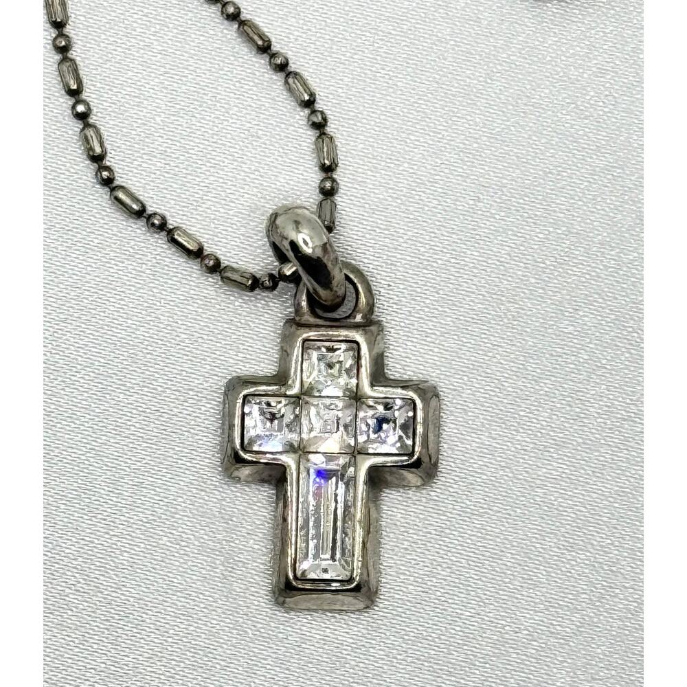 Brighton Crystal Cross Pendant Bar Bead Chain Necklace 16-18" Silver Plated - Picture 4 of 8